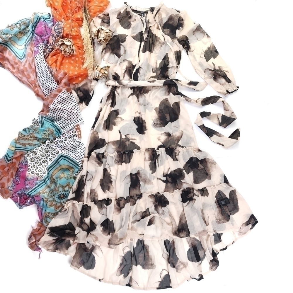 New Simply Vera Wang Beige Brown Black Floral Sheer Maxi High Lo Ruffle Dress Xs - Picture 14 of 14